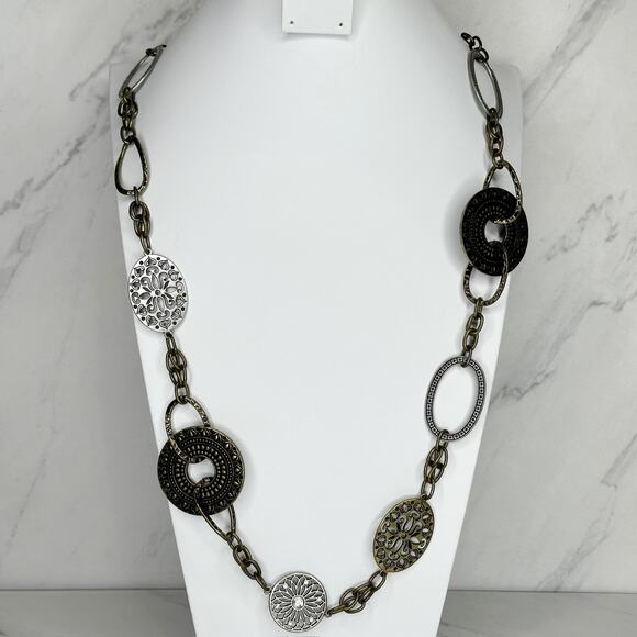 Premier Designs Chunky Floral Gold and Silver Tone Chain Link Necklace - Picture 1 of 12